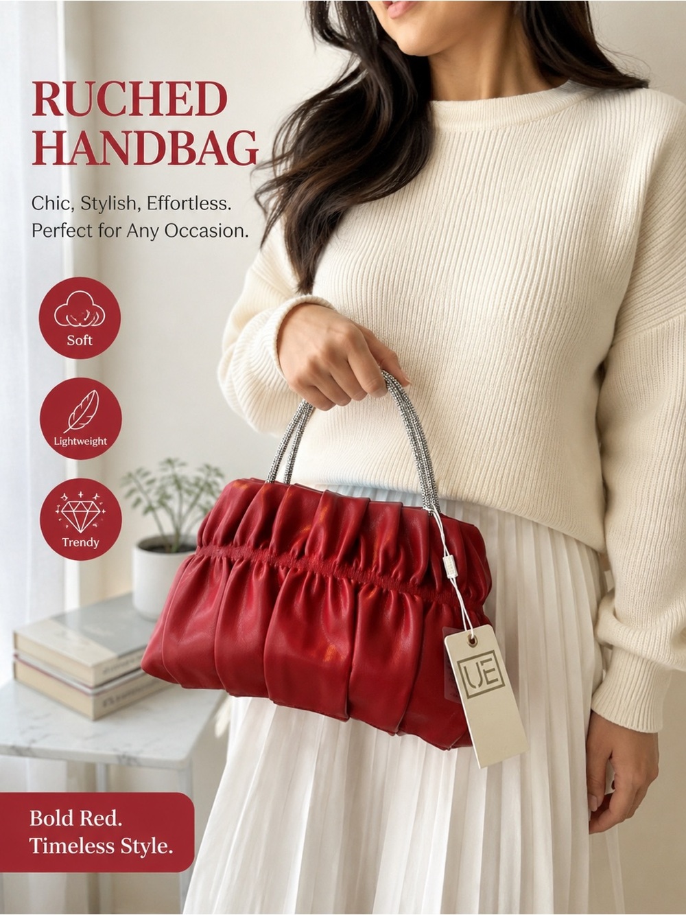 Urban Expressions Pleated  Daisy Red Ruched Crystal Handle Evening Bag Purse NWT